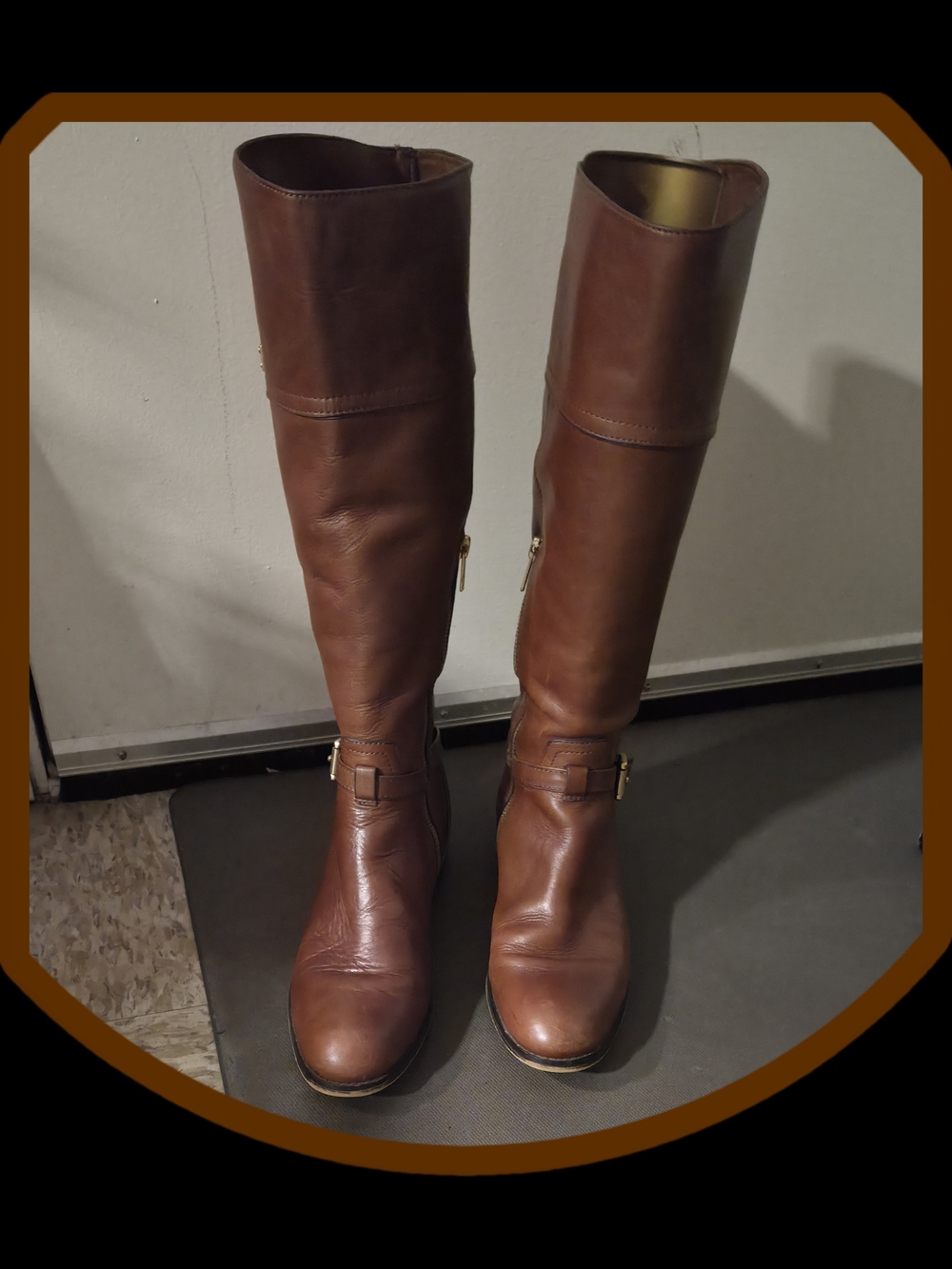 Coach 'Micha Chestnut Brown Leather Tall Riding Boots w/ Crossed Buckle Straps